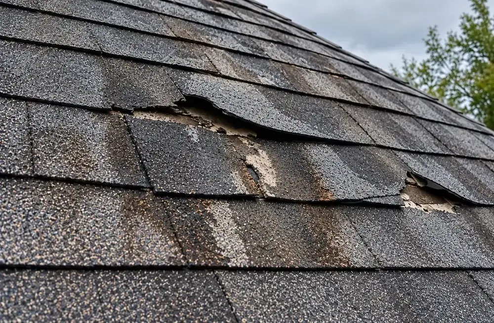 Torn and missing shingles exposing the roof underneath