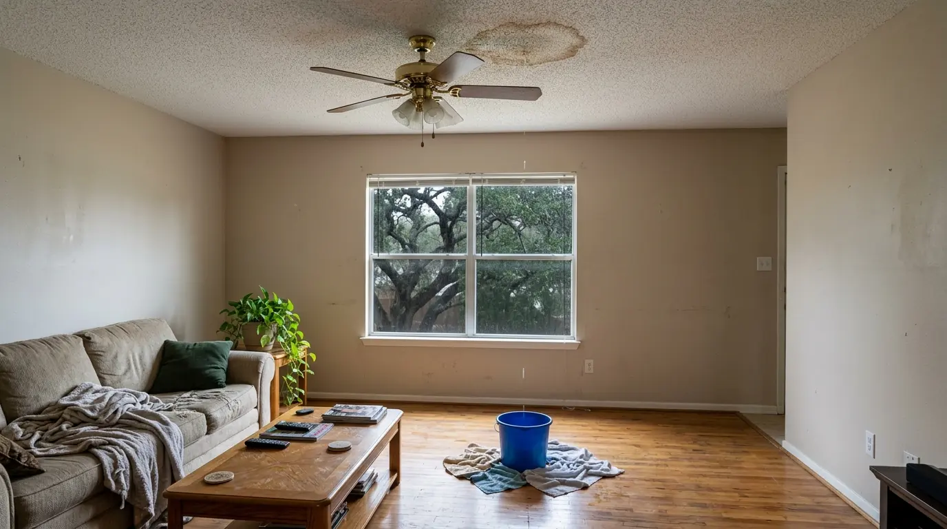 Water dripping from a stained living room ceiling into a bucket