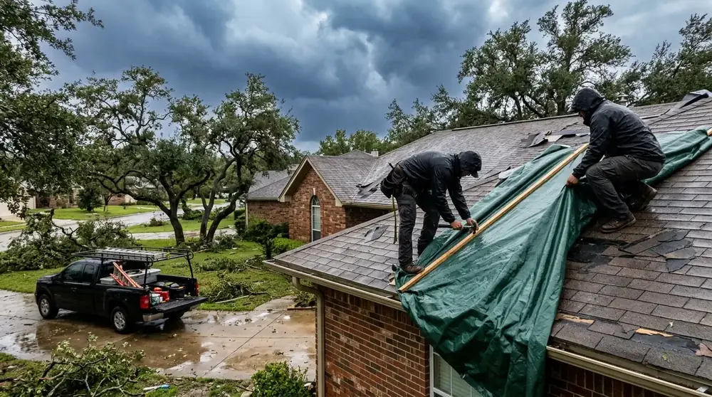 Roofers securing a tarp over a storm-damaged roof after heavy rain