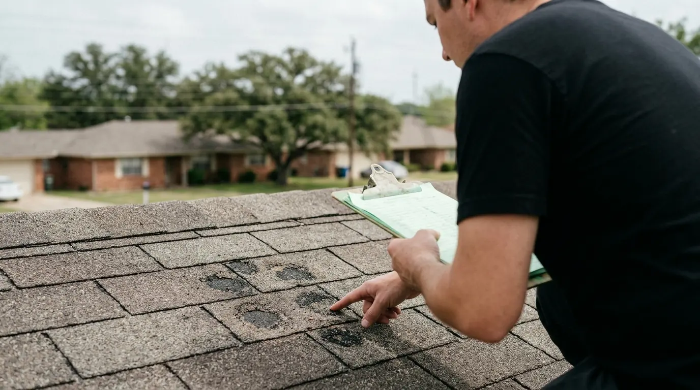 Roofer pointing out hail bruises on asphalt shingles