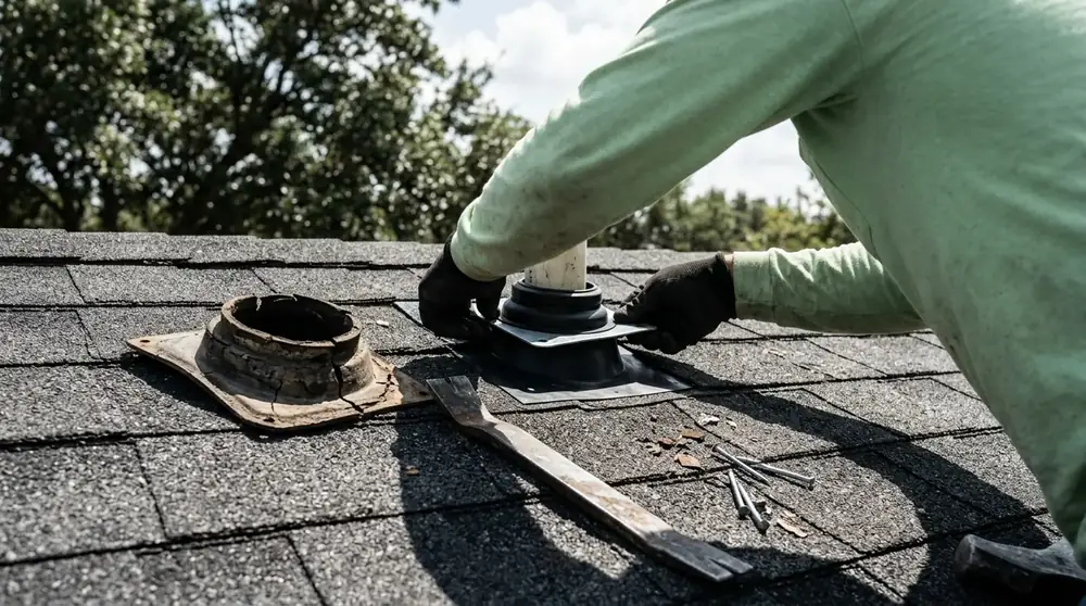 Roofer replacing a cracked pipe boot around a plumbing vent