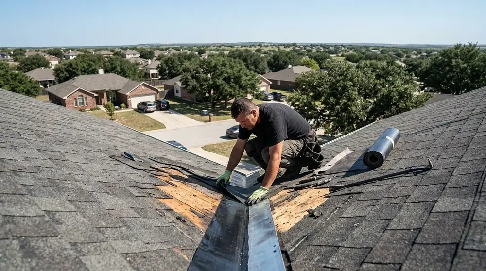 Roofer repairing a leaking roof valley on a ranch home