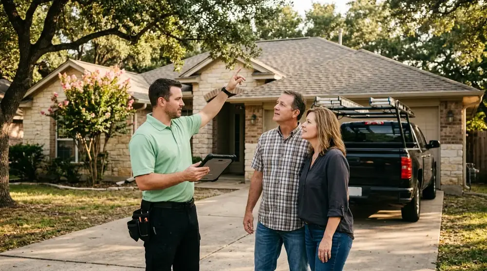 Roofer showing homeowners photos of their roof on a tablet